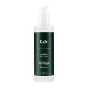 DoSe AHA/BHA Daily Toner, 100 ml, in a white glass bottle with green label; an exfoliating toner to remove dead skin cells, renew and resurface skin for brighter, smoother, clearer skin.
