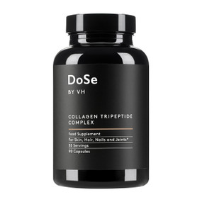 DoSe by VH Collagen Tripeptide Complex 90 Capsules  black bottle with a black label; contains highly bioavailable marine collagen tripeptides and Vitamin C, Zinc, and Biotin, to naturally boost collagen levels and support the health of your skin, hair, nails and joints.