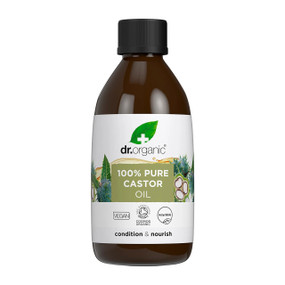 Dr Organic 100% Pure Castor Oil, 250ml in an amber glass bottle with white label and black cap