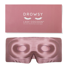 Drowsy eyelash protecting sleep Mask in damask rose colour boxed; A pink eyelash-protecting silk sleep mask for long natural lashes, extensions, and sleeping with zero-pressure on your lids