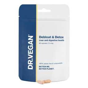 DR VEGAN Debloat & Detox - 60-Capsules white & blue 100% plastic free pouch; capsules are formulated with an optimal blend of eight scientifically studied botanicals, minerals, and vitamins to support your liver and digestive health.