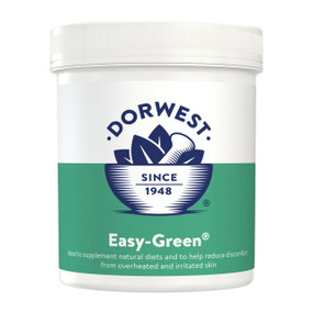 Dorwest Easy Green Powder, 250-Grams in a white and green plastic tub;  green food powder for cats and dogs is naturally rich in iron, antioxidants, vitamin C, chlorophyll, calcium, and magnesium