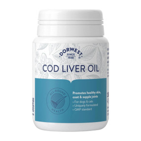 Dorwest Cod Liver Capsules - 100-Capsules  in a blue and white tub; full of omega 3 fatty acids found in fish oils beneficial for cats & dogs