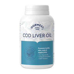 Dorwest Cod Liver Capsules 200-capsules - front image; keeps your dog's joints healthy & mobile