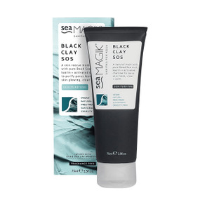 Sea Magik Black Clay SOS - blue carton box & 75-ml grey clay mask tub; deeply cleanse and purify pores, bringing a glow back to your skin.