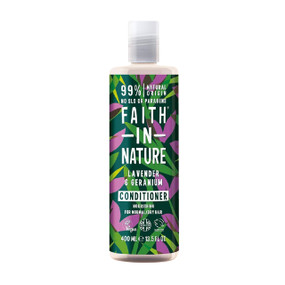 Faith In Nature Lavender & Geranium Conditioner - 400-ml plastic bottle; a treatment conditioner which helps balance oil production and stimulate hair growth while soothing your senses with a restorative essential oil scent