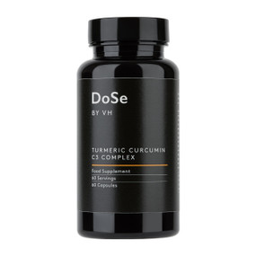 DoSe by VH Turmeric Curcumin C3 Complex - 500-mg 60-Capsules black plastic bottle with a black label; Turmeric, Curcumin, and Bioperine in a supplement to provide antioxidant an d anti-inflammatory properties to reduce inflammation, relieve joint pain & enhance brain function.