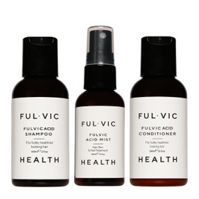 Fulvic Travel Trio - a hair treatment pack with three mini bottles of Fulvic Shampoo, Conditioner, and Mist, for great looking hair on your travels.