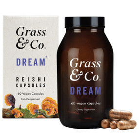 Grass & Co Dream Reishi Mushroom - 60-Capsules amber glass jar & white carton box; a high strength vegan capsule that promotes a restful night's sleep. It contains Reishi mushrooms, Magnesium and Sage. Plus Vitamins B5, B6, D, which are known for their sleep-enhancing properties