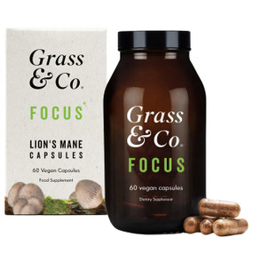 Grass & Co Focus Lion's Mane Mushroom - 60 capsules - amber glass jar & white carton box; supplement capsules for focus