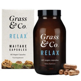 Grass & Co Relax Maitake Mushroom - 60-Capsules amber glass jar and white carton box; this mushroom supplement  with Maitake mushroom extract, Ashwagandha, Magnesium and Vitamin B6 supports relaxation and peace of mind.