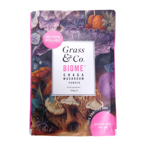 Grass & Co Chaga Mushroom Powder 100g plastic pouch; packed with Chaga mushroom, Turmeric, Ginger, and Black Pepper to support digestive health and Vitamin D to support the normal function of the immune system