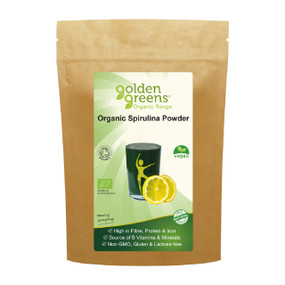 Golden Greens Organic Spirulina Powder 100g in a brown pouch; rich in protein, iron, and B vitamins to support natural energy, vitality, and overall wellbeing.