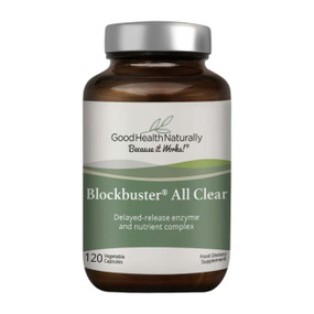 Good Health Naturally Blockbuster All Clear - 120-Capsules brown glass jar; a powerful blend of systemic enzymes to help protect the body against a wide of concerns to help your wellbeing