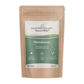 Good Health Naturally Nattokinase - 90-Capsules brown paper pouch;  a powerful proteolytic enzyme best known for its astounding fibrinolytic (anti-clotting) capacities.