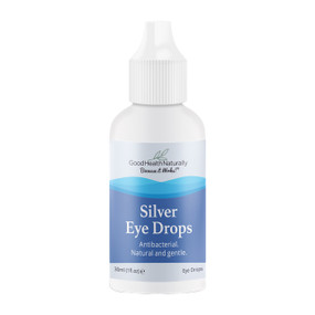 Good Health Naturally Silver Eye Drops in a 30ml white plastic dropper with blue label; helps to soothe dry eyes and the itching effects of allergies such as hay fever and can be used daily to protect the eyes.