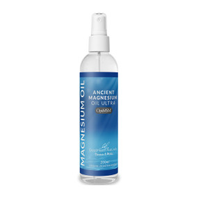 Good Health Naturally Ancient Magnesium® Oil Ultra 200ml in a transparent plastic bottle & blue label; helps enhance sleep quality, alleviates  arthritic pain, leg cramps and fibromyalgia, whilst restoring magnesium deficiencies.