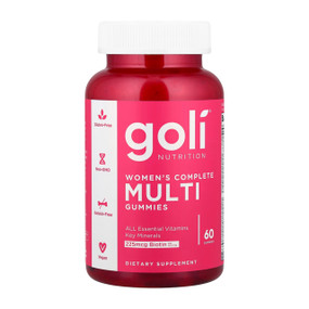 Goli® Nutrition Women’s Complete Multi 60 Gummies - pink plastic tube & white cap; these tasty gummies provide a delicious and easy way to support women’s health, promoting healthy skin, hair, immune function, and overall wellbeing.