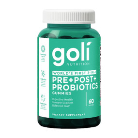 Goli® Nutrition Pre+Post+Probiotics 60 Gummies in a green palstic tube & white cap,offering a tasty and easy way to support digestive health daily.