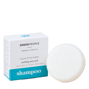 Green People Eucalyptus & Mint Shampoo Bar - white and blue carton box & 50-Grams white soap bar; this dandruff treatment shampoo bar made with mint & eucalyptus oils soothes and cleanses the hair and scalp