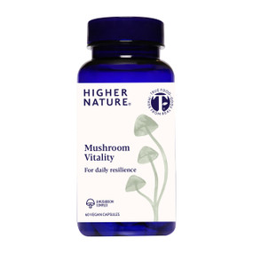 Higher Nature Mushroom Vitality 60 capsules in a blue plastic tube & white label;  Mushroom Vitality features 8 mushroom species to support immunity & energy.
