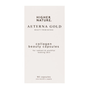 Higher Nature Aeterna Gold Collagen Beauty Capsules – 90-capsule bottle in a box; contains the highest concentration of pure marine non-shark Collagen