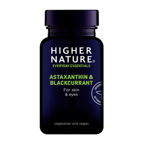 Higher Nature Astaxanthin & Blackcurrant - 90-Capsules in a blue plastic bottle; provides a vegetarian source of astaxanthin together with Blackcurrant for additional antioxidant protection.