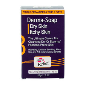 Hope’s Relief Derma Soap 105g soap bar in a purple cardboard box; this soap for eczema cleanses face and body whilst moisturising and calming dry, itchy skin.