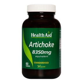 HealthAid Artichoke Tablets 60 tablets, glass jar green label;  formulated using the best quality standardised artichoke extract to alleviate digestive problems such as bloating.