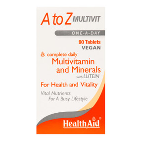 HealthAid A to Z Multivit 90's - Tablets glass jar in a box; (Multivitamins with Minerals) provide a balanced vitamin and mineral supplement ideal for the whole family, athletes, people doing strenuous exercise and energetic work, or for anyone looking to safeguard dietary intake of these important nutrients.