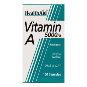 HealthAid Vitamin A 100 capsules, glass jar in a box; is beneficial for good eyesight and helps build strong cell membranes