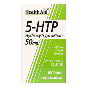 HealthAid's 5-Hydroxytryptophan (5-HTP) 60 Tablets glass bottle in a box;  involved in mood, behaviour, appetite, and sleep and is found in many places in the body particularly the brain, gastrointestinal system, and blood cells.