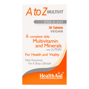 HealthAid A-Z Multivit is a multivitamin & mineral supplement 30 tablets glass jar in a box;  suitable for both men and women, provides all vitamins from A-Z.