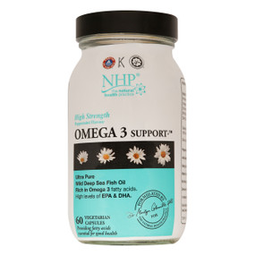 Natural Health Practice
Omega 3 Support - 60-Capsules glass white bottle with black lid; contains ultra-pure wild deep sea fish oil which is rich in Omega 3 fatty acids with high levels of EPA and DHA