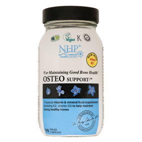 Natural Health Practice Osteo Support - 90-Capsules glass bottle, white black and blue label with black lid;  with added K2 is a special multivitamin and mineral supplement formulated to help maintain strong healthy bones