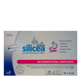 Silicea Gastro-Intestinal Gel Sachets 15 x 15-ml Sachets - in a blue cardboard box; designed to alleviate stomach and gut illnesses that cause nausea, vomiting, abdominal pain, heartburn, flatulence, and diarrhoea