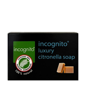 Incognito Luxury Citronella Soap in a black carton box; a luxurious soap with citronella to repel all flying insects.