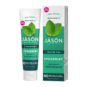 Jason Sea Fresh Toothpaste - 119-Grams white box with green label; a fluoride-free toothpaste to help strengthen gums & freshen breath.