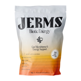 JERMS Biotic Energy 150g white & orange pouch -all-in-one supplement to support gut health, elevate and sustain energy levels.