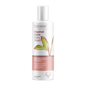 Kolorex® Vaginal Care Wash 250ml in a white and pink plastic tube;  a pH-balanced feminine wash with Horopito, Aloe Vera, and Tea Tree Oil, to gently cleanse, calm, and refresh sensitive skin.
