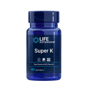 Life Extension Super K - 2600-mcg 90-Softgels blue bottle; contains two forms of Vitamin K, vitamins K1 and K2, beneficial for bone growth, to combat bone loss and the healing of bones as well as heart health.