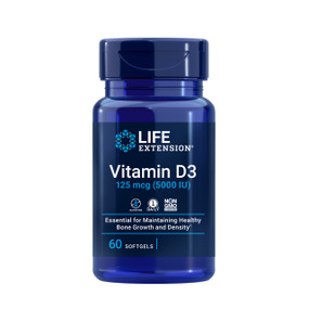 Life Extension Vitamin D3 5000iu - 60-Softgels blue bottle; provides a high strength of vitamin D in line with current opinion.