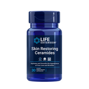 Life Extension Skin Restoring Ceramides - 30-Liquid Capsules blue bottle; hydrate and smooth the appearance of fine lines and wrinkles.