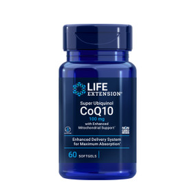 Life Extension Super Ubiquinol CoEnzyme Q10 with Enhanced Mitochondrial Support -  100-mg 60-Softgels blue bottle; highly bioavailable, which means it’s easy for the body to absorb. Combined with PrimaVie® shilajit the rate of absorption increases to help promote the body’s youthful cellular energy production