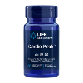 Life Extension Cardio Peak™ 30 capsules in a blue plastic bottle; Cardio Peak™ supports cardiovascular endurance, heart muscle strength, the heart’s capacity to pump blood as well as overall heart function.