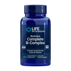 Life Extension BioActive Complete B-Complex 60 vegetarian capsules in a blue plastic tube;  a gluten-free, vegetarian B-Complex supplement with methylated B-vitamins for high absorption.