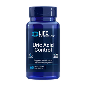 Life Extension Uric Acid Control - 60-Capsules blue bottle; vegetarian capsules are an effective supplement aiding in joint, kidney and bladder support.