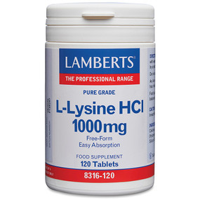 Lamberts Healthcare Lysine HCl, 1000-mg 120-Tablets in a white tub; helps support the immune system to prevent & treat cold sores & viral infections.
