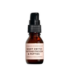 LIXIRSKIN Night Switch Phytoestrogen & Peptide - 15-ml transparent glass bottle with black cap; this overnight formula uses the firming characteristics of liposomal Genistein and Collagen Tripeptide prevent the premature ageing process associated with low oestrogen levels.