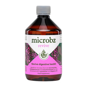 Microbz Revive Probiotic Drink 475-ml in a brown plastic tube with a white & pink label. Microbz Revive is a liquid probiotic drink with 15 strains designed to support gut health, improve IBS & IBD symptoms and treat constipation.